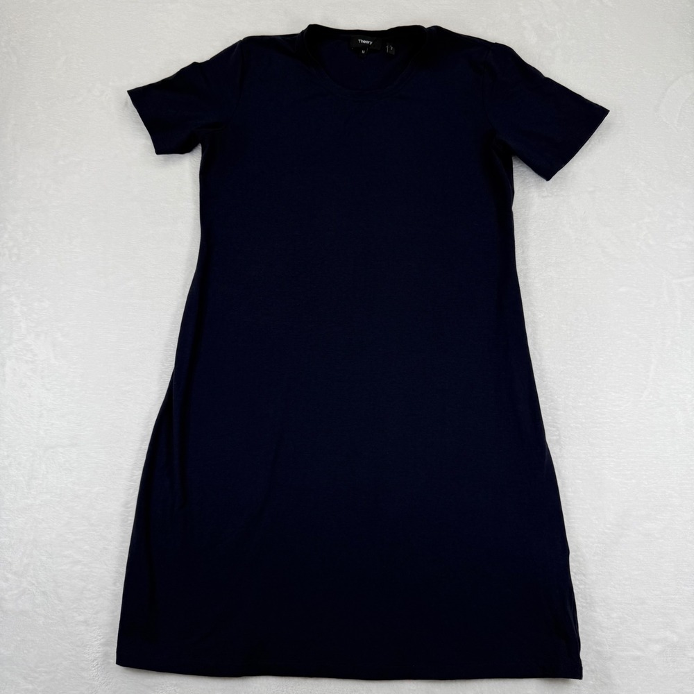 Theory Navy Blue Cherry B2 Ranmire Knit Cotton Modal Shift T-Shirt Dress Size M